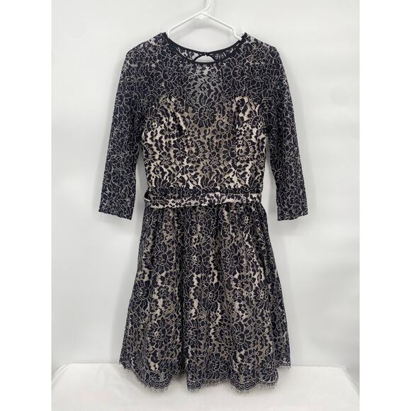 Eliza J Black Lace Overlay Tan Lined Cocktail Dress Belt Long Sleeve 6 - Picture 1 of 9